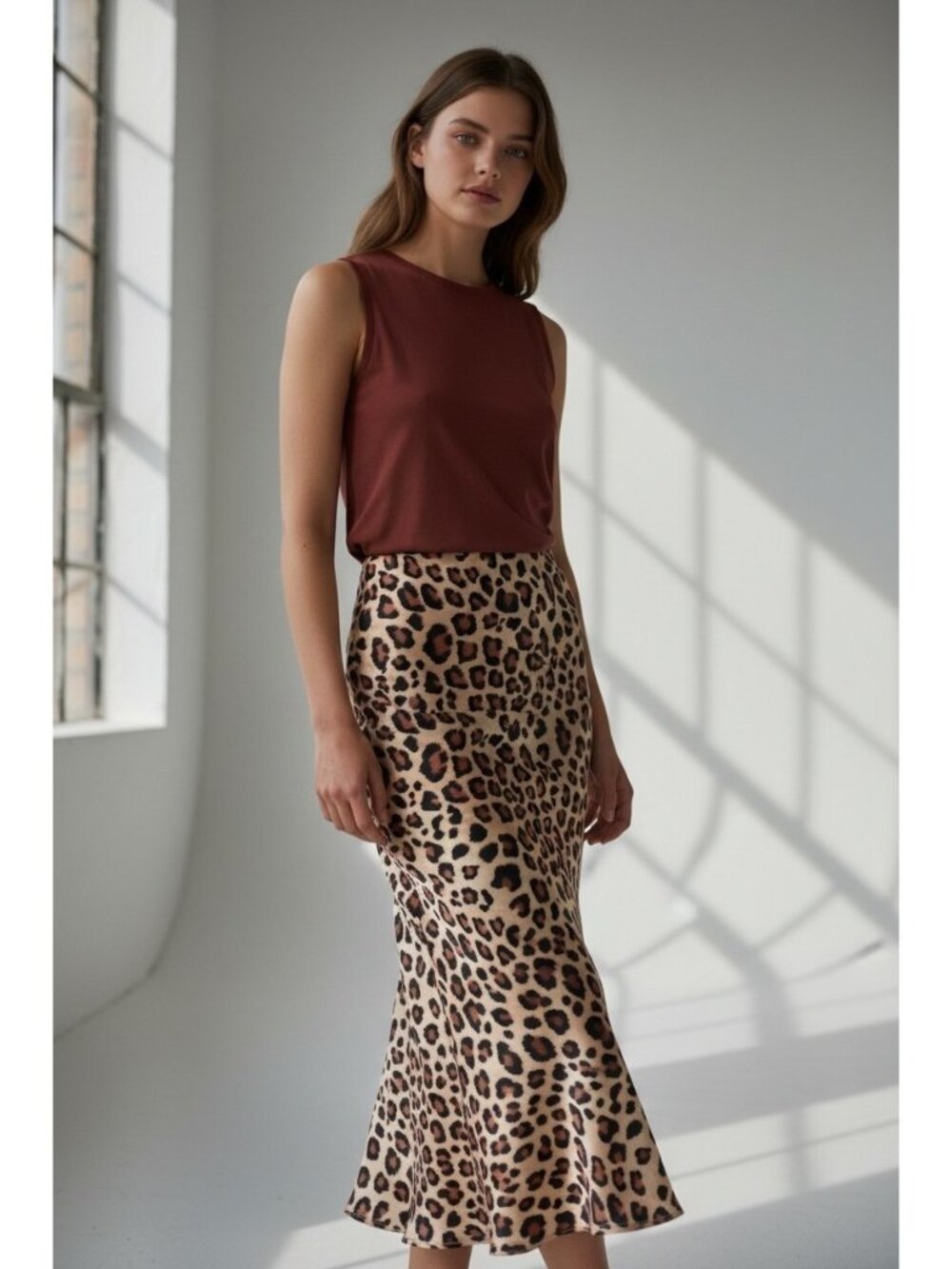 The Nines Leopard Print Satin Midi Skirt Animal Print Pull-On Size Large AS-IS